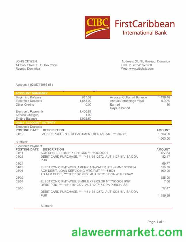 Dominica CIBC First Caribbean International Bank statement